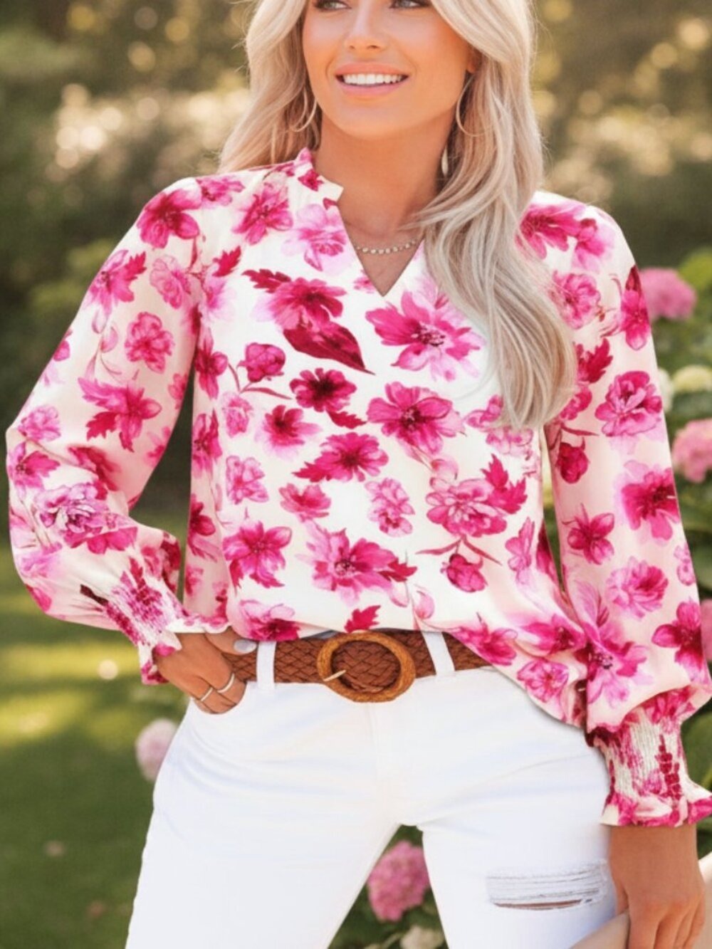 Women's Pink Floral V Neck Blouse Puff Sleeve Boho Dressy Casual Top